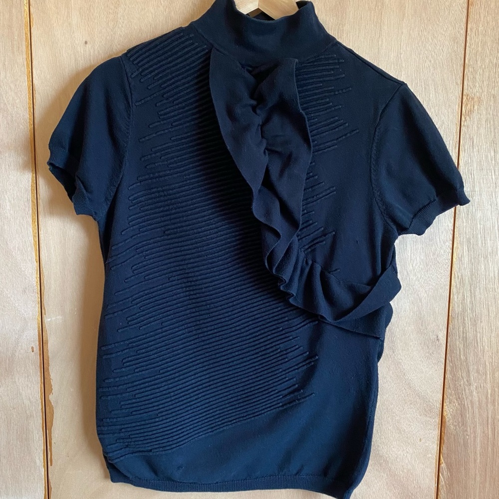 Ashley Stewart top, black, size 12, short sleeve, high neck, ruffle front.